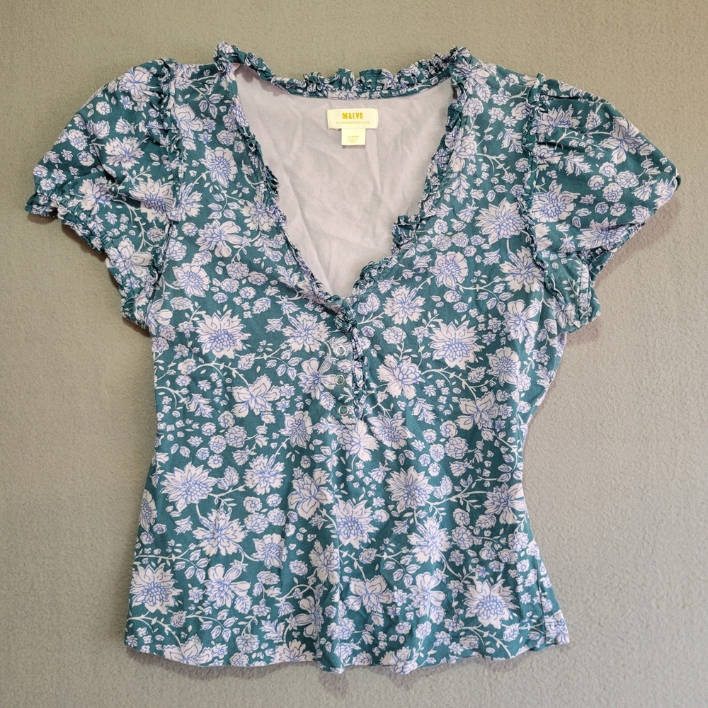 Maeve Anthropologie Floral Ruffle Neck Henley Blouse Teal Purple Large